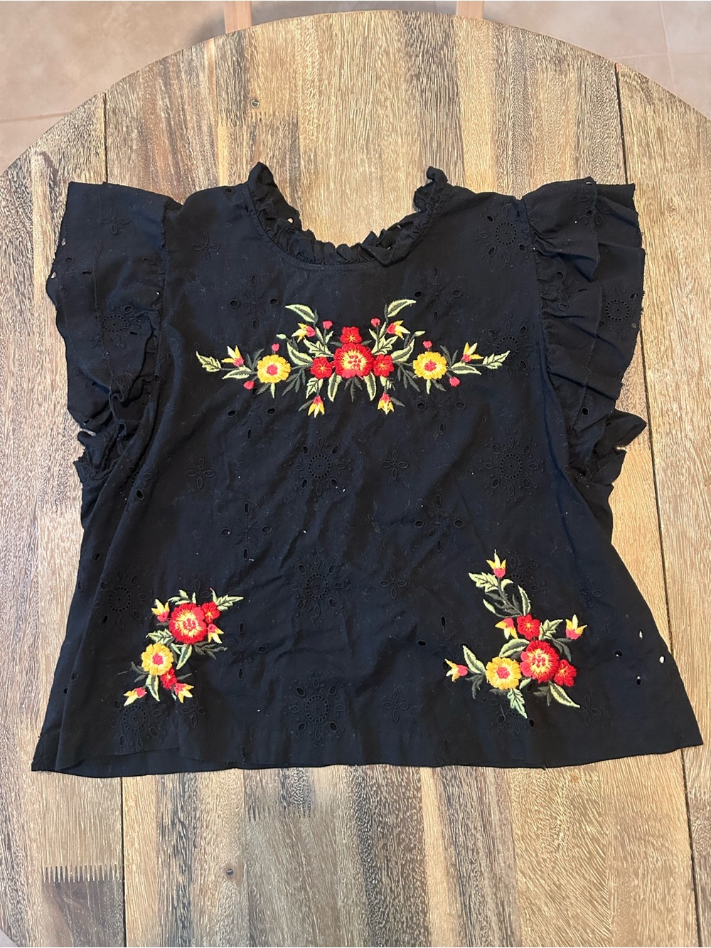 Free People Womens Black Floral Embroidered Ruffle Sleeve Top
